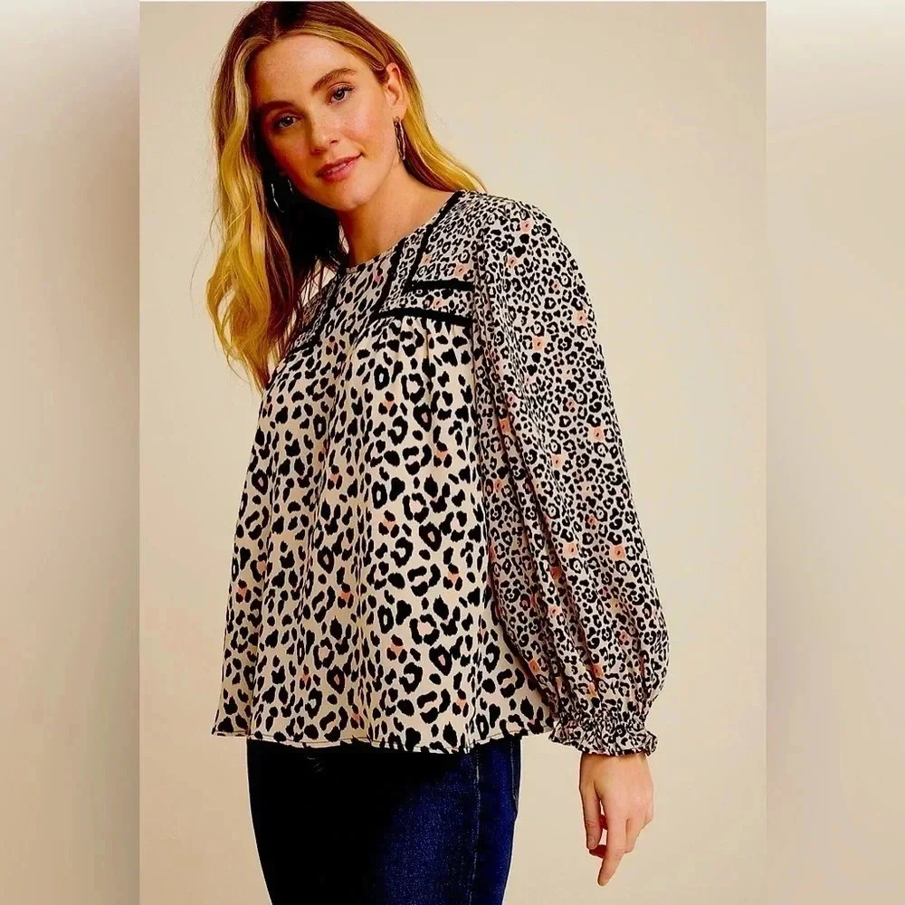 Mix Media Animal Print Blouse, VARIOUS SIZES